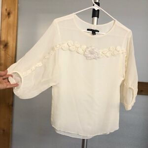 Sandra Angelozzi 100% Silk Cream Textural Floral Lined 3/4 Sleeve‎ Blouse Sz XS